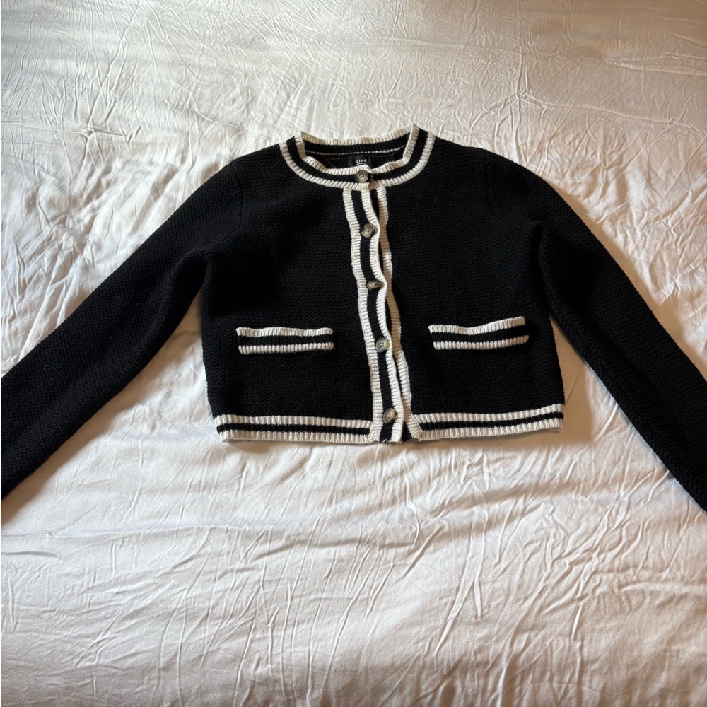 Line & Dot Black Cardigan with White Trim